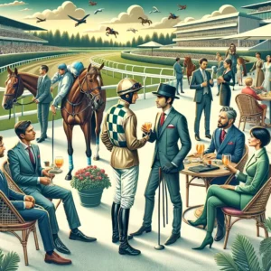 Group of horse racing insiders networking at a track event.