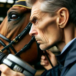 Horse racing insider closely observing a horse's performance.