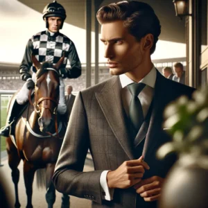 Sophisticated individual conversing with a jockey at a horse racing track, exchanging insider information.