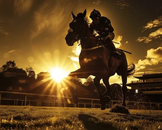 stunning sunset photo of a racehorse and jockey running on a grass racecourse