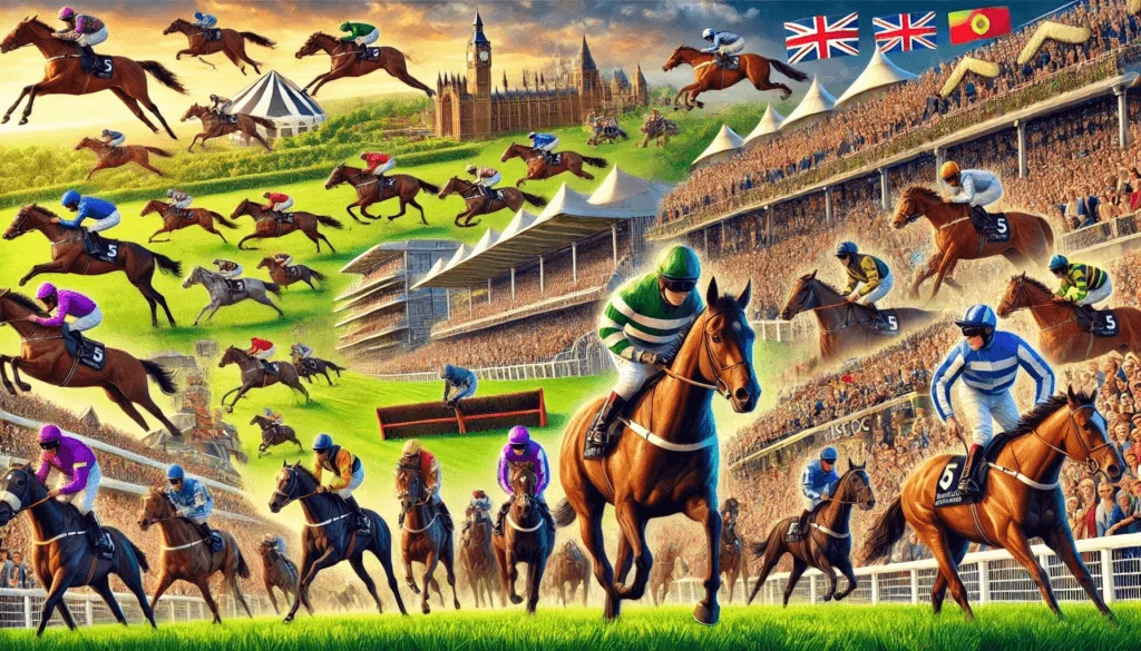 A dynamic scene showcasing various major UK horse racing events, including horses racing down a lush green track with jockeys in colorful silks.