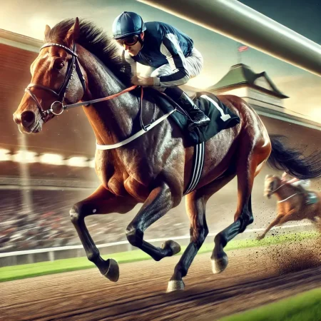 clear image of a horse racing scene with focus on one leading horse and jockey in motion, showing speed and determination.