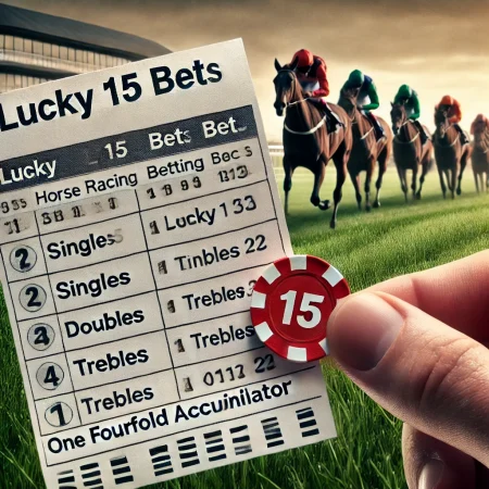 DALL·E 2024-10-11 13.33.07 - An image showing a horse racing betting slip with the Lucky 15 Bet highlighted. The slip should display multiple selections across four races, with so