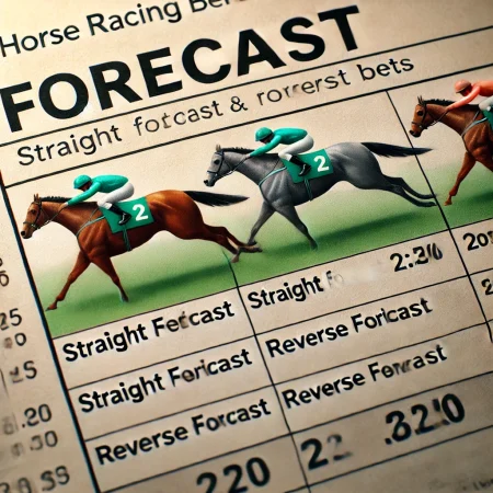 DALL·E 2024-10-15 11.08.02 - A clear image showing a horse racing betting slip highlighting a Forecast Bet, with the word 'Forecast' clearly visible. The slip should display two h