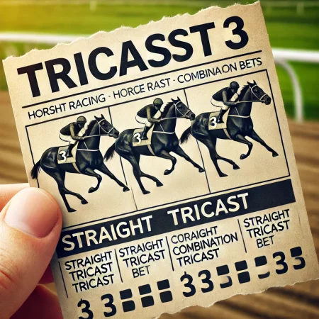 DALL·E 2024-10-15 11.13.31 - A clear image showing a horse racing betting slip highlighting a Tricast Bet, with the word 'Tricast' clearly visible. The slip should display three h