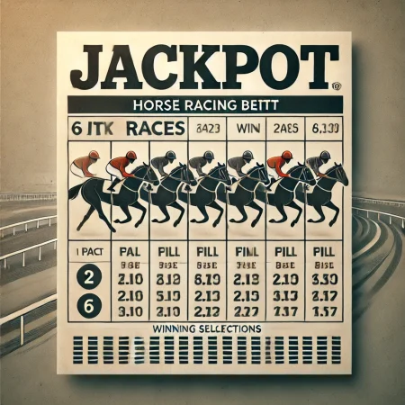 DALL·E 2024-10-15 11.47.20 - An image showing a horse racing betting slip highlighting a Jackpot Bet, with the word 'Jackpot' clearly visible. The slip should display six races wi