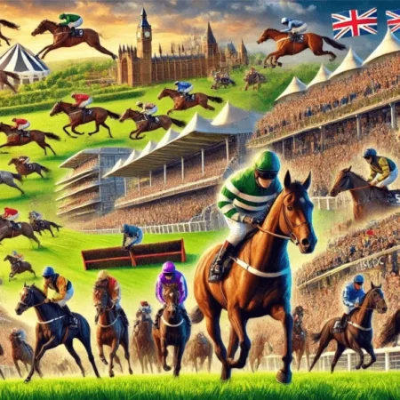 A dynamic scene showcasing various major UK horse racing events, including horses racing down a lush green track with jockeys in colorful silks.